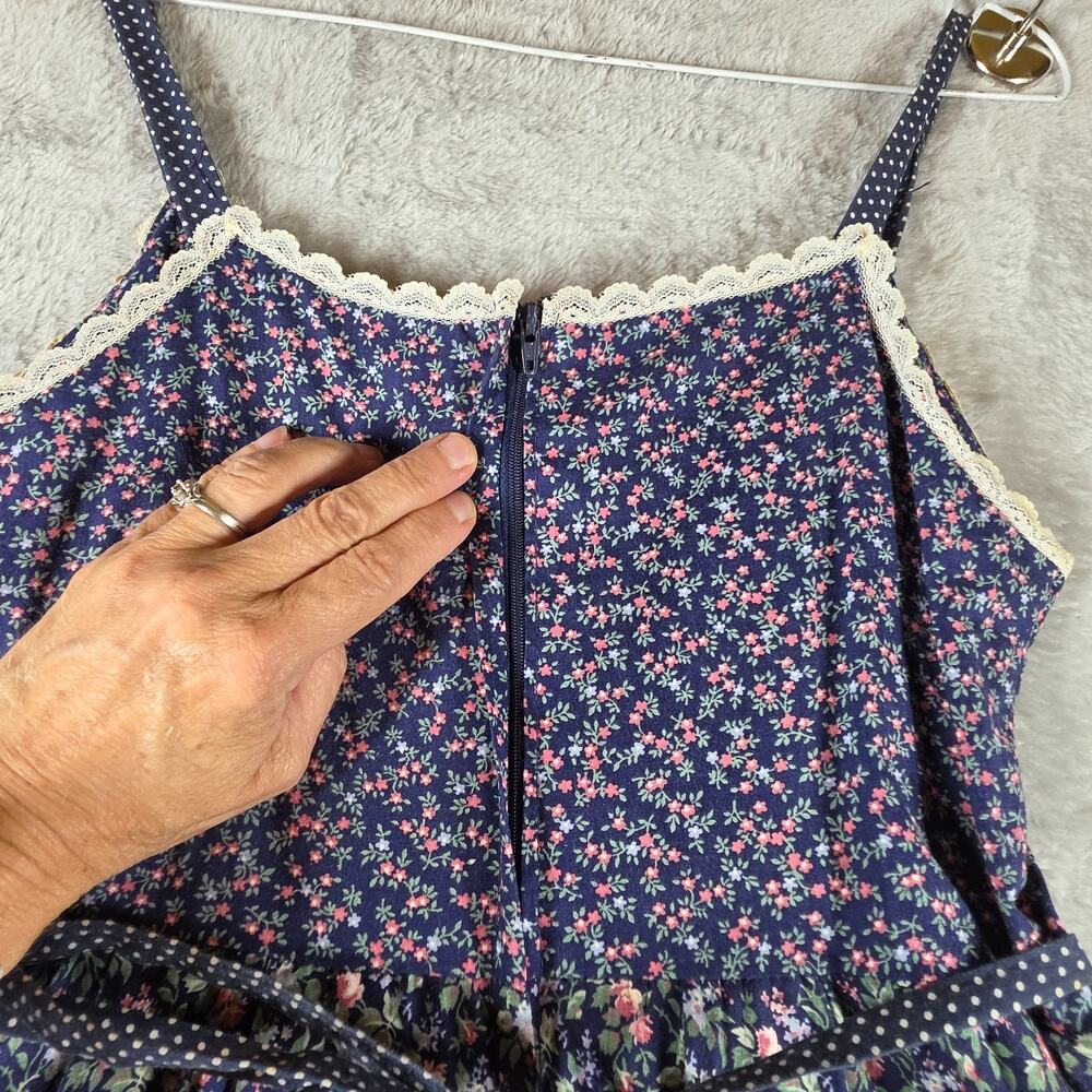 VTG 70s Gunne Sax Jessica Blue Calico Floral Prairie Dress Corset Lace Up Size 7 - Picture 12 of 14